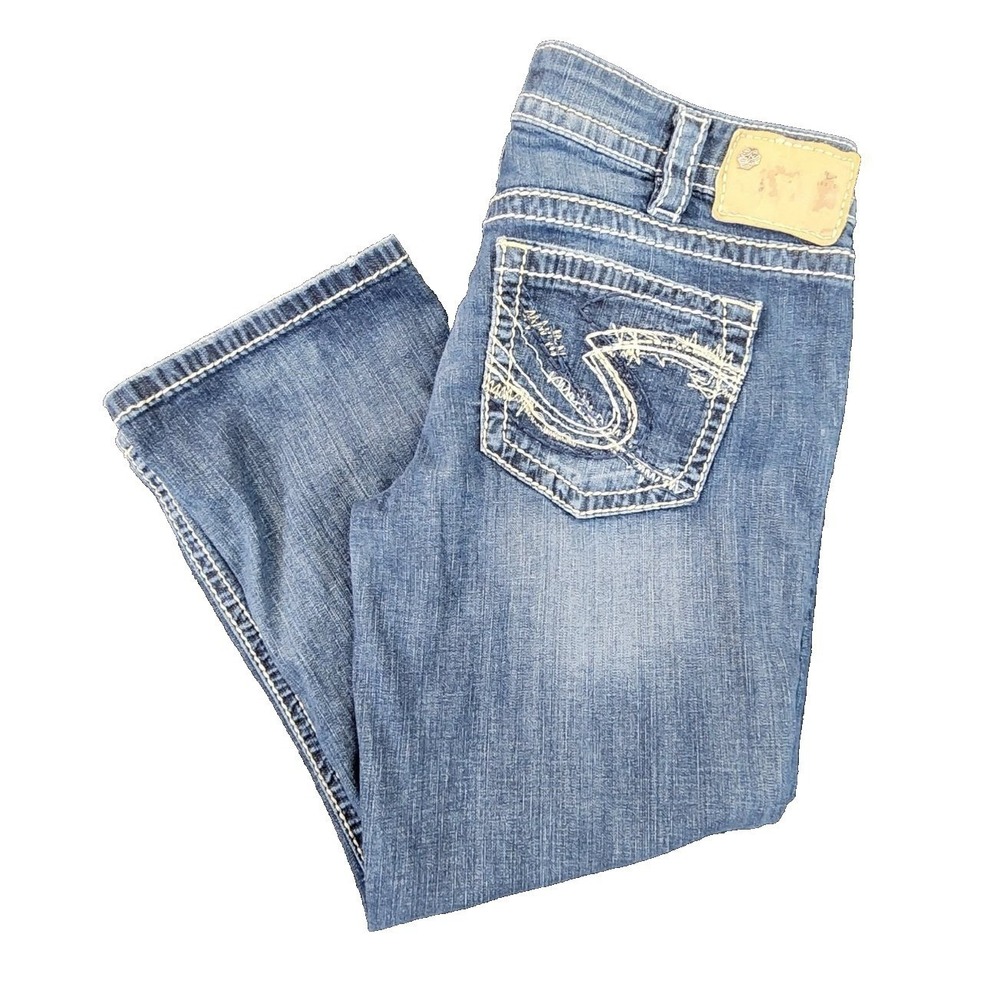 Silver Jeans Co Aiko Capri Blue Women Size 30 Thick Stitch Distressed Denim‎